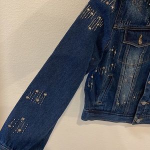 Elan TW Bear Women's Distressed Denim Jean Jacket Floral Patches Size Large